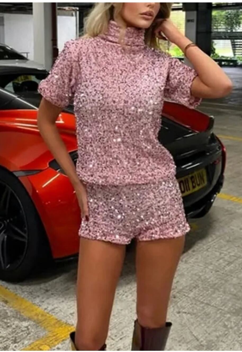 Pink Velour Sequin Matching Set Turtleneck and Mini Shorts XS